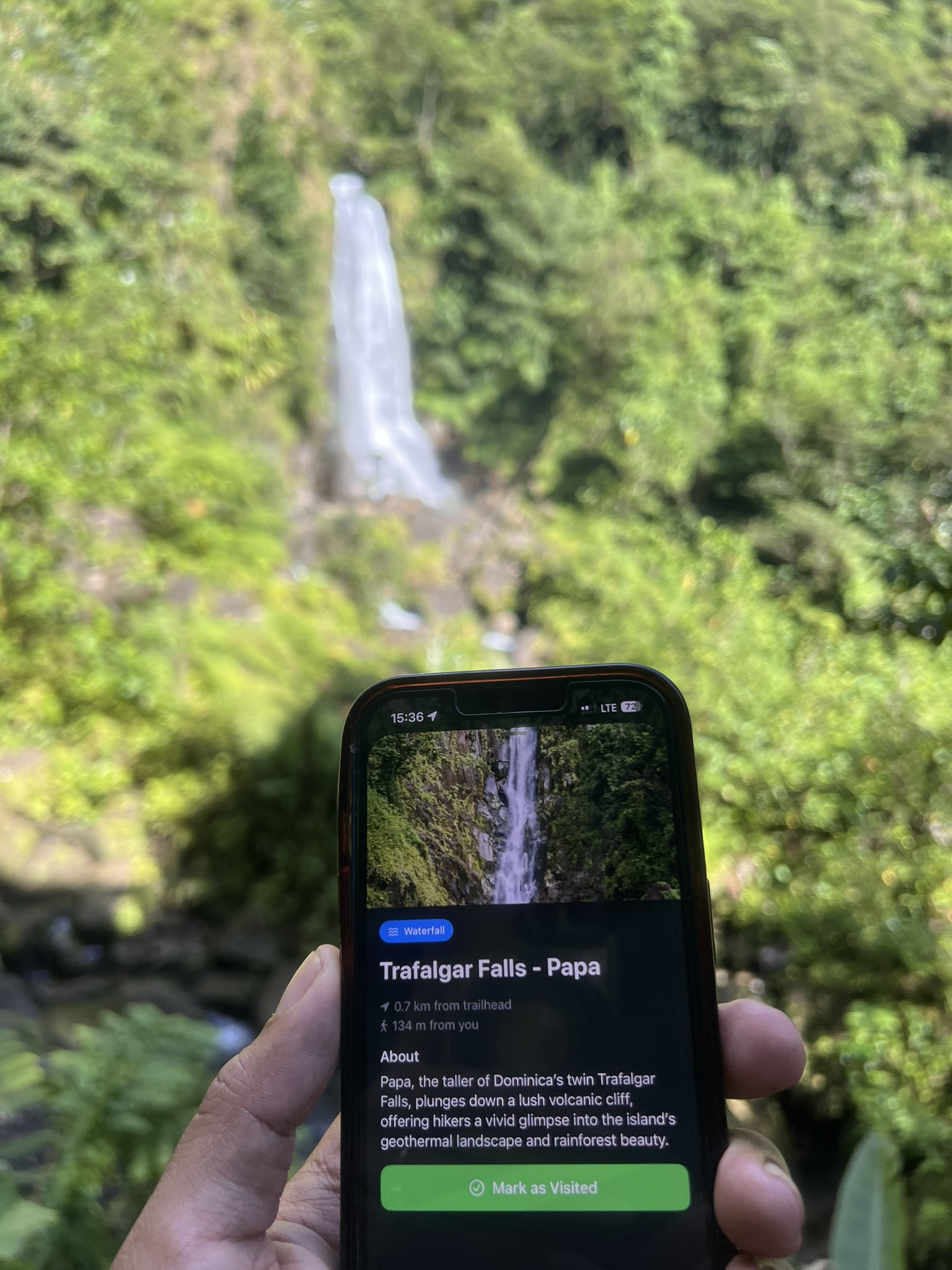 Hiker using Windward Atlas near Trafalgar Falls in Dominica